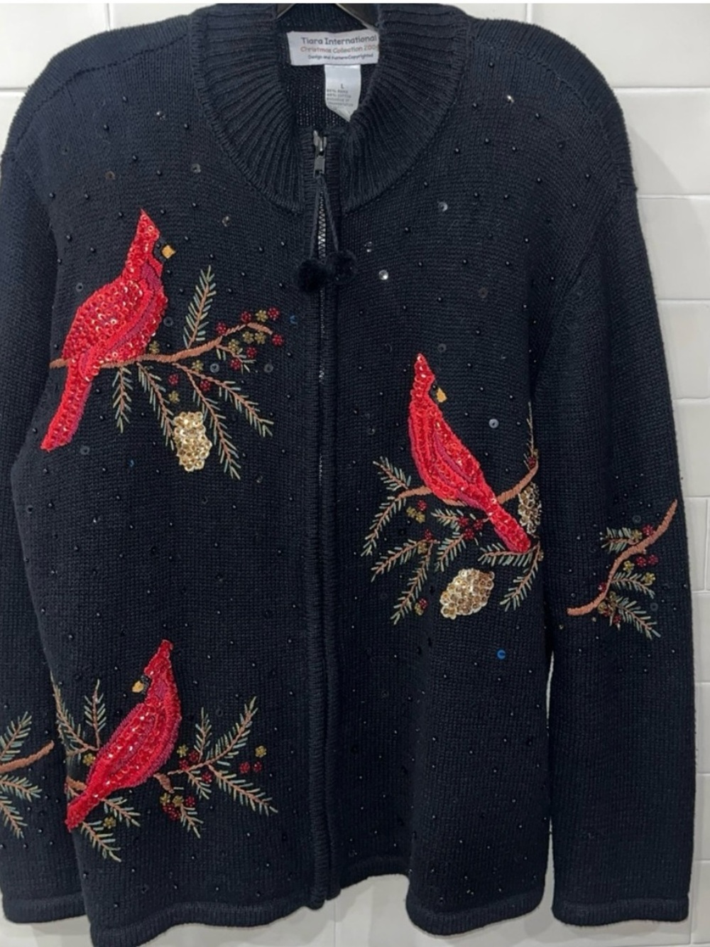 Vintage Christmas Sweater Cardinals Kitschy Embellished Sequins Sz L Cottagecore